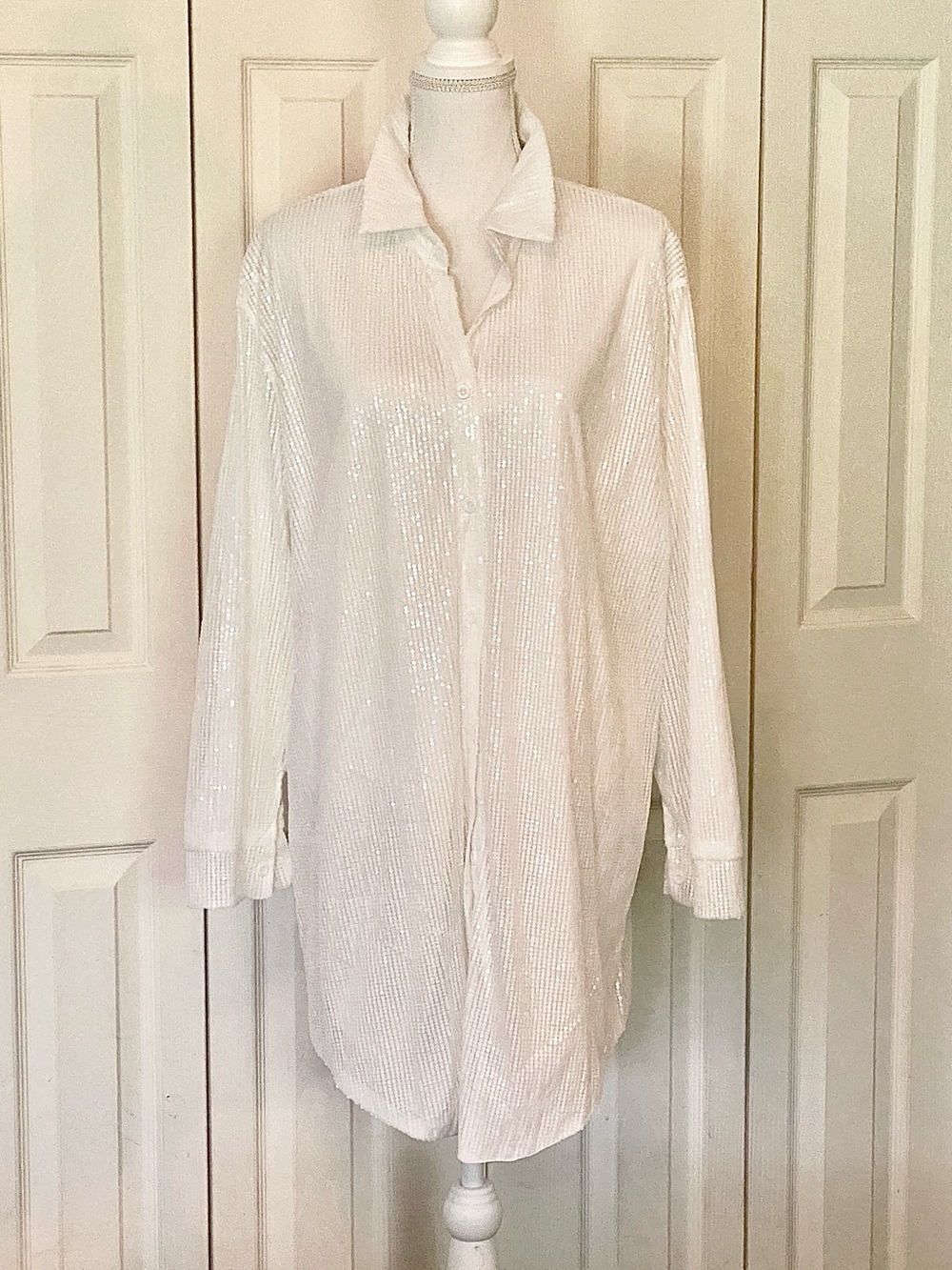 White Sequin Button-Up Tunic Shirt, NWOT